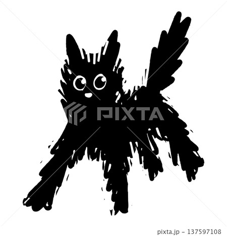 hand-drawn illustration of a scruffy black cat with large expressive eyes. 137597108