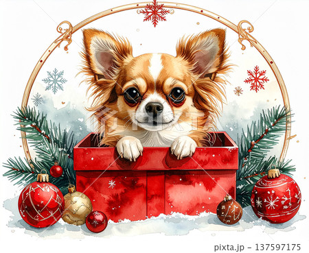 クリスマスギフト箱のチワワ水彩画 137597175