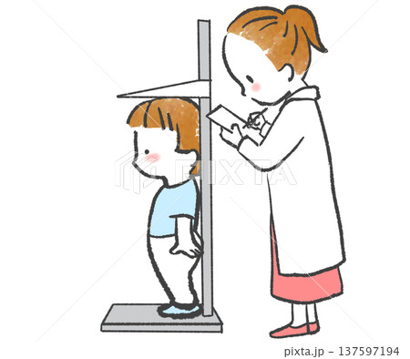 身体測定で身長を測る子どもと先生のイラスト 137597194