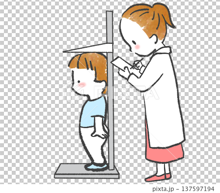 身体測定で身長を測る子どもと先生のイラスト 137597194