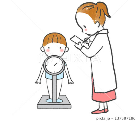 身体検査で体重を測る子どもと先生のイラスト 身体検査で体重を測る子どもと先生のイラスト 137597196