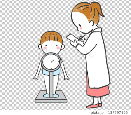 圖解：一名兒童和一位老師在身體檢查期間測量體重 137597196