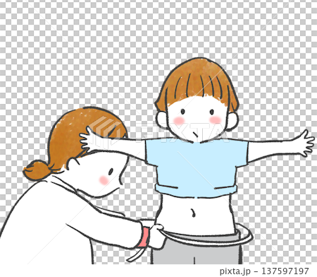 圖解：一位女孩和她的老師正在為她進行健康檢查，測量她的腰圍。 137597197
