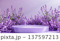 Purple floral podium with lavender accents, designed for nature-inspired product displays and cosmetic promotion. 137597213