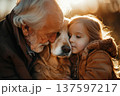 Family bonding moment as child and grandfather embrace dog, learning kindness and empathy. 137597217