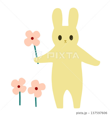 ピンクの花を摘むシンプルなうさぎ 137597606