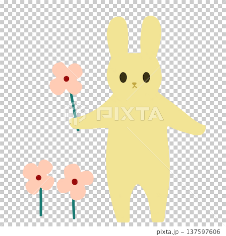 ピンクの花を摘むシンプルなうさぎ 137597606