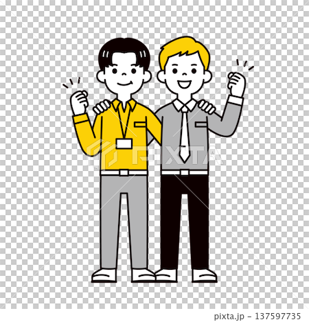 Full-body vector illustration of two young office workers and businessmen putting their arms around each other's shoulders and raising their fists in a gesture of approval Full-body vector illustration of two young office workers and businessmen putting their arms around each other's shoulders and raising their fists in a gesture of approval 137597735