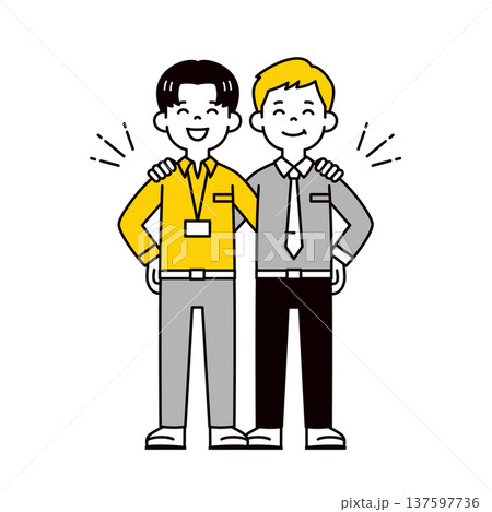 笑顔で肩を組む、若い2人の男性社員・ビジネスマンのシンプルな全身ベクターイラスト素材 137597736