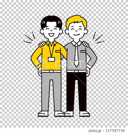 笑顔で肩を組む、若い2人の男性社員・ビジネスマンのシンプルな全身ベクターイラスト素材 137597736