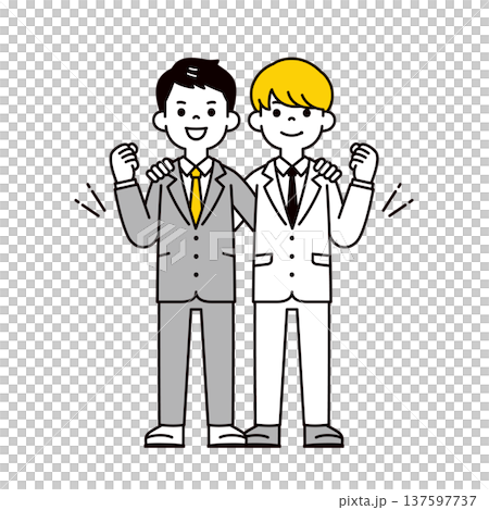 Full-body vector illustration of two young office workers and businessmen in suits working together Full-body vector illustration of two young office workers and businessmen in suits working together 137597737