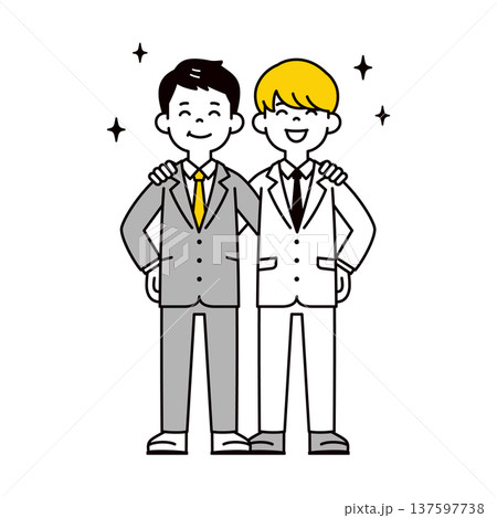 仲良く肩を組む、若い2人の同僚・会社員・上司と部下のシンプルな全身ベクターイラスト素材 仲良く肩を組む、若い2人の同僚・会社員・上司と部下のシンプルな全身ベクターイラスト素材 137597738