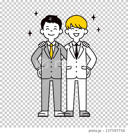 仲良く肩を組む、若い2人の同僚・会社員・上司と部下のシンプルな全身ベクターイラスト素材 仲良く肩を組む、若い2人の同僚・会社員・上司と部下のシンプルな全身ベクターイラスト素材 137597738