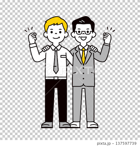 A full-body vector illustration of a young male employee and his middle-aged boss, president, or manager working hard and energetically A full-body vector illustration of a young male employee and his middle-aged boss, president, or manager working hard and energetically 137597739