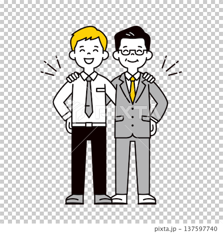 A simple full-body vector illustration of a young office worker, male employee, and president/manager smiling and putting their arms around each other's shoulders A simple full-body vector illustration of a young office worker, male employee, and president/manager smiling and putting their arms around each other's shoulders 137597740