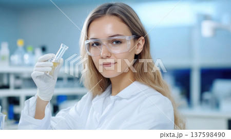 confident female scientist in laboratory holds test tube filled with liquid, wearing protective eyewear and gloves, showcasing her expertise 137598490