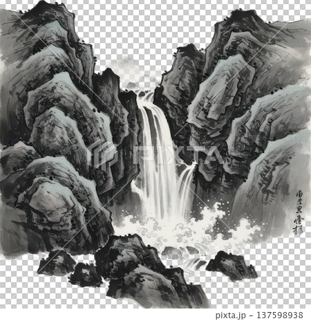 水墨畫：壯麗的瀑布與山水 137598938