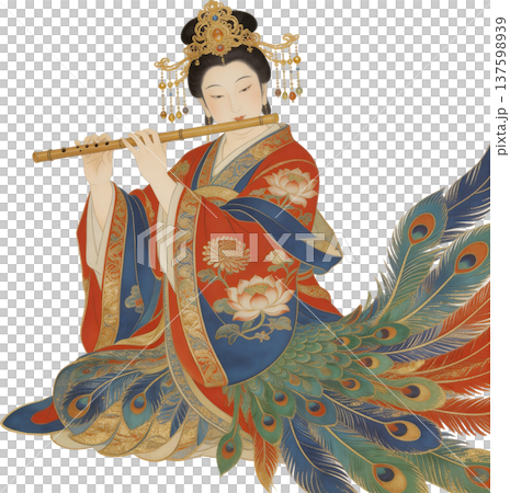 一位身披孔雀羽毛、吹奏笛子的優雅中國美女 137598939