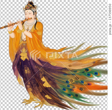 一位身著孔雀羽毛長袍、吹奏笛子的夢幻天女形象 137598950