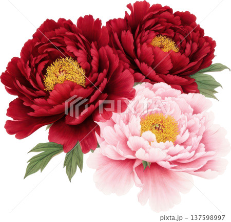 鮮やかな赤とピンクの芍薬が咲き誇るエレガントな花のイラスト 137598997