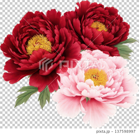 鮮やかな赤とピンクの芍薬が咲き誇るエレガントな花のイラスト 137598997