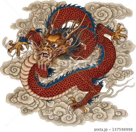 金色の角を持つ伝統的な赤い龍と渦巻く雲のイラスト 137598998
