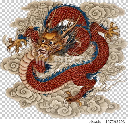 金色の角を持つ伝統的な赤い龍と渦巻く雲のイラスト 137598998
