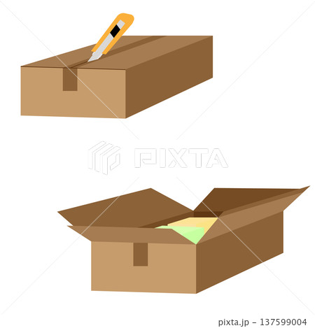 段ボール箱の荷物を荷解きしているイラスト 137599004