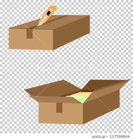 段ボール箱の荷物を荷解きしているイラスト 137599004