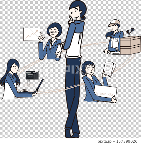 様々な部署との関係を考える女性のイラスト 青色の制服 様々な部署との関係を考える女性のイラスト 青色の制服 137599020