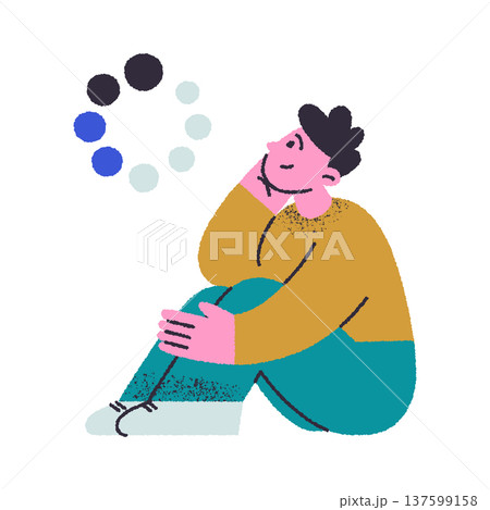 Flat cartoon man sitting and waiting, looking at spinning loader icon. Patient loading and placeholder empty state scene, vector illustration with textures for UI and web design concept 137599158