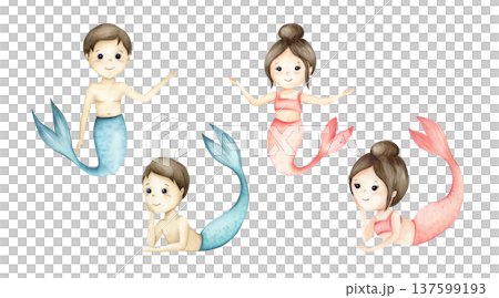 Watercolor Little Mermaids Set - Boy and Girl Merman Clipart. Watercolor Little Mermaids Set - Boy and Girl Merman Clipart. 137599193