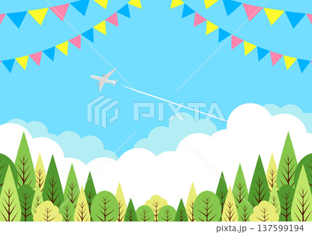 森、旗、飛行機、背景、イラスト、かわいい、横 森、旗、飛行機、背景、イラスト、かわいい、横 137599194