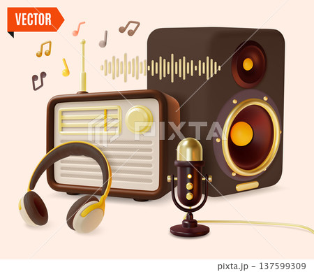 3d Color Vintage Radio Wave Timeless Music Stream Start Listening Now Concept Background Cartoon Design Style. Vector illustration 137599309