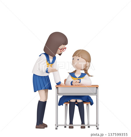 3DCG｜休み時間に席でお喋りする2人の女子生徒 137599355