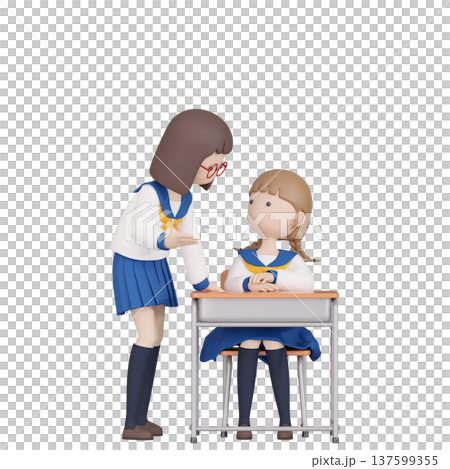 3DCG｜休み時間に席でお喋りする2人の女子生徒 137599355