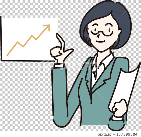 一位身穿西裝的女士正指著一張圖表（綠色版本）的插圖 137599384