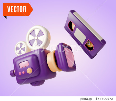 3d Colorful Retro Electronics Analog Device Video Camera and Video Cassette Concept Cartoon Design Style. Vector illustration 3d Colorful Retro Electronics Analog Device Video Camera and Video Cassette Concept Cartoon Design Style. Vector illustration 137599578