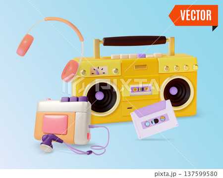 3d Colorful Retro Electronics Analog Device Boombox, Headphones and Cassette Player Concept Cartoon Design Style. Vector illustration 3d Colorful Retro Electronics Analog Device Boombox, Headphones and Cassette Player Concept Cartoon Design Style. Vector illustration 137599580