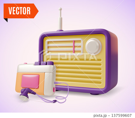 3d Colorful Retro Electronics Analog Device Radio and Cassette Player Concept Cartoon Design Style. Vector illustration 137599607