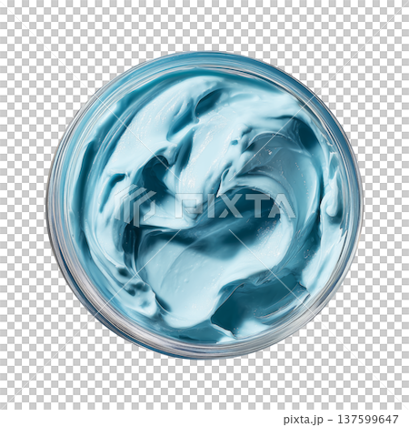 Blue cosmetic cream or butter texture in opened jar from above isolated on white background, concept of skincare hydration Blue cosmetic cream or butter texture in opened jar from above isolated on white background, concept of skincare hydration 137599647