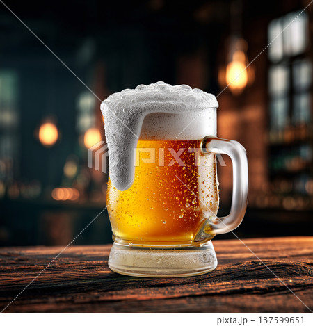 Frothy golden amber beer mug in closeup, on blurred pub lights background, concept of refreshment and relaxation 137599651