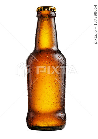 Closeup cold amber beer bottle covered with water droplets isolated on white background, concept of refreshment Closeup cold amber beer bottle covered with water droplets isolated on white background, concept of refreshment 137599654