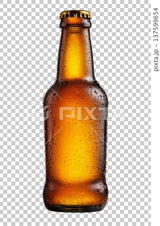 Closeup cold amber beer bottle covered with water droplets isolated on white background, concept of refreshment Closeup cold amber beer bottle covered with water droplets isolated on white background, concept of refreshment 137599654