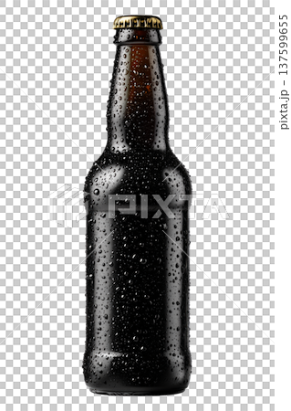 Chilled Ipa dark beer bottle with water droplets isolated on white background, symbolizing freshness and refreshment 137599655