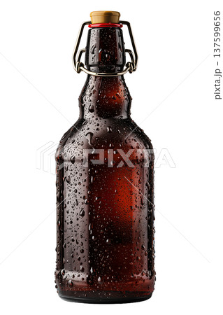 Closeup cold amber beer bottle covered with water droplets isolated on white background, concept of refreshment 137599656