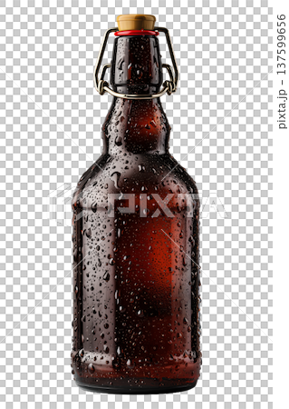 Closeup cold amber beer bottle covered with water droplets isolated on white background, concept of refreshment 137599656