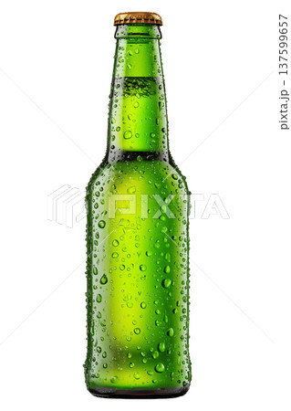 Cold green beer bottle with water droplets isolated on white background, showing a concept of freshness and chill 137599657