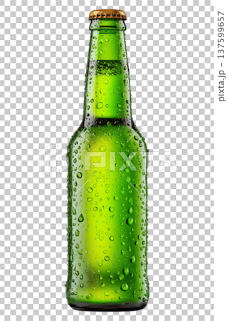 Cold green beer bottle with water droplets isolated on white background, showing a concept of freshness and chill 137599657