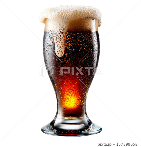 A cold dark beer in a tall glass with foam, isolated on a white background, symbolizing refreshment and taste 137599658